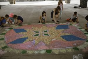 children drawing on the sidewalk with chalk