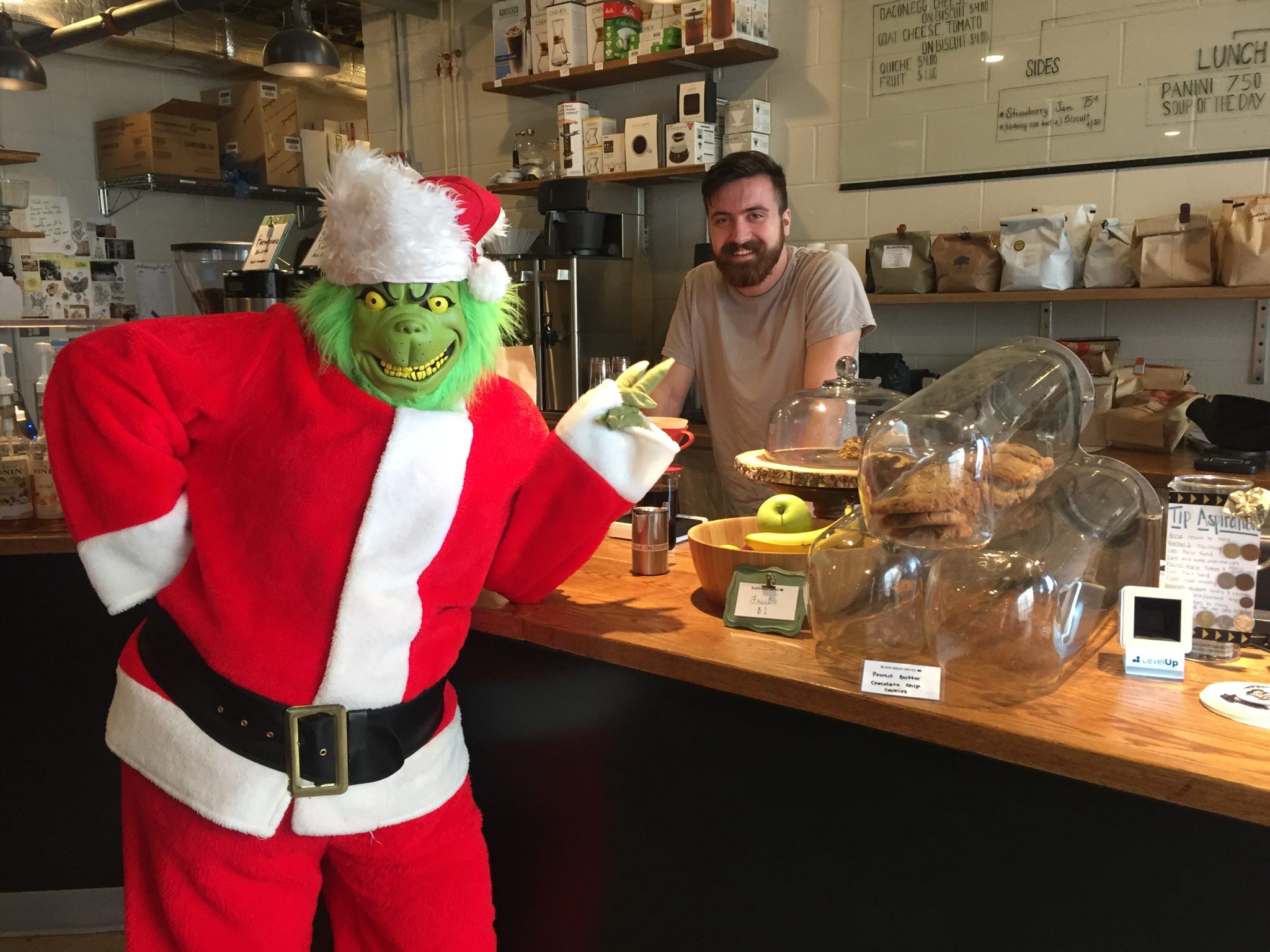 Christmas time grinch coffee shop