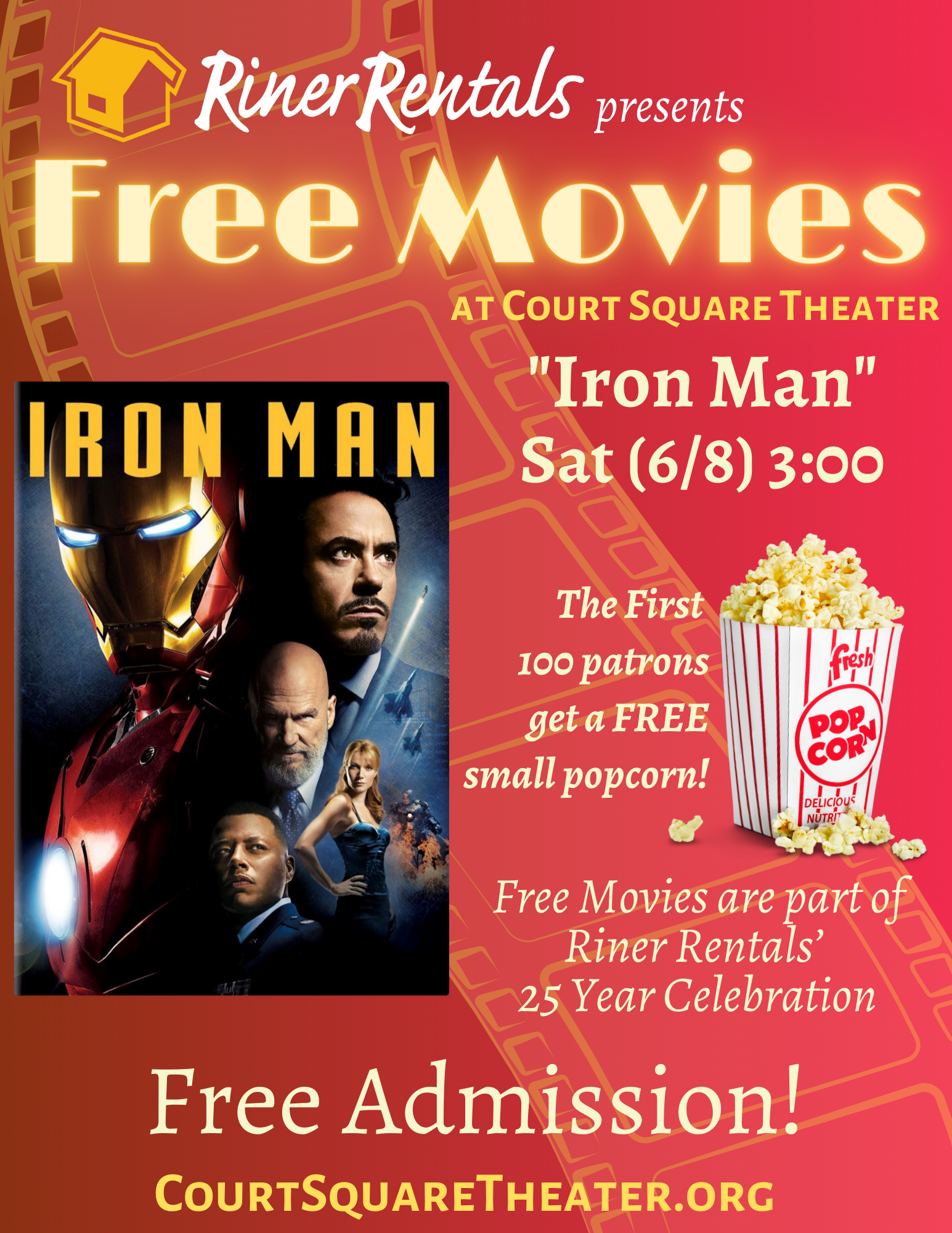 Riner Rentals Iron Man movie showing poster
