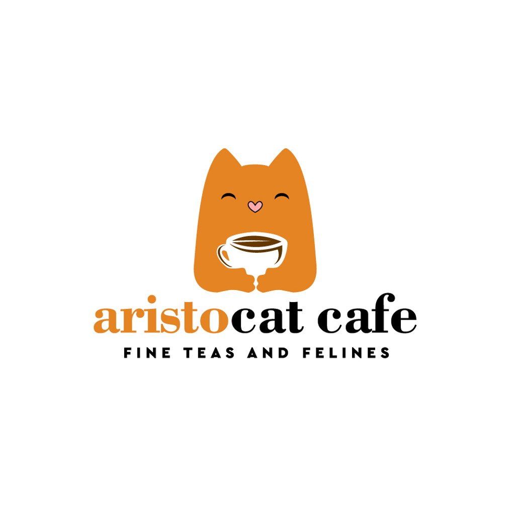 aristocat cafe logo, small orange cat holding a mug with coffee