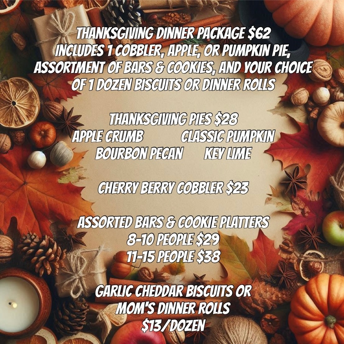 bittersweet bakery Thanksgiving menu