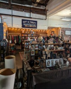 Inside the store with books and other trinkets