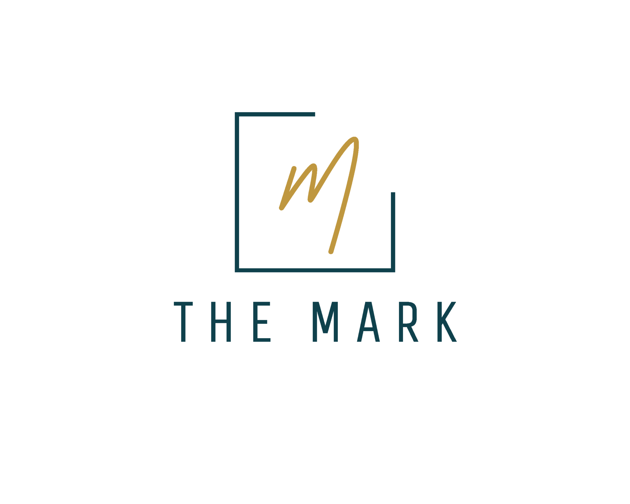 The Mark Logo - cursive gold "m" in a box with "the mark" written underneath in black.